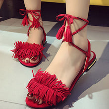 Shoes Women Sandals Summer New Sweet Tassel Buckle Zapatos Mujer Sweet Flat Toe Wedge Floral Straps Red Heels Shoes 2017 Gift