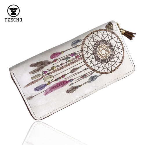 TZECHO Zipper Around Womens Wallets PU Print Dream Catcher Long Femal Purses Coin Pocket Ladies Credit Card Holder Clutch Bag