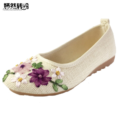 Vintage Embroidered Women Flats Flower Slip On Cotton Fabric Linen Comfortable Old Peking Ballerina Flat Shoes Sapato Feminino