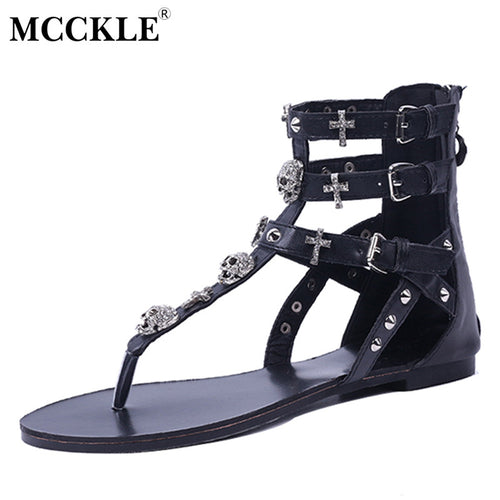 MCCKLE Woman Fashion Thong Sandals Rhinestone Crosses Skull Rome Buckle Women Flats For Ladies Rivets Zip Female Shoes J3918