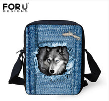 FORUDESIGNS Men Messenger Bags Cool Animals Wolf Shoulder Bag 3D Denim Animal Printed Crossbody Bag Women's Travel Bag Handbag