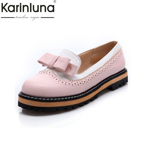 KARINLUNA Big Size 34-43 Spring Autumn Slip On Flat Women Shoes Cute Bowtie Lace Shallow Mouth Ladies Platform Shoes