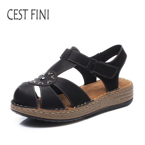 CESTFINI Women Summer Sandals Closed Toe Women Casual Shoes Soft Comfortable Pu Leather Handmade #SA003